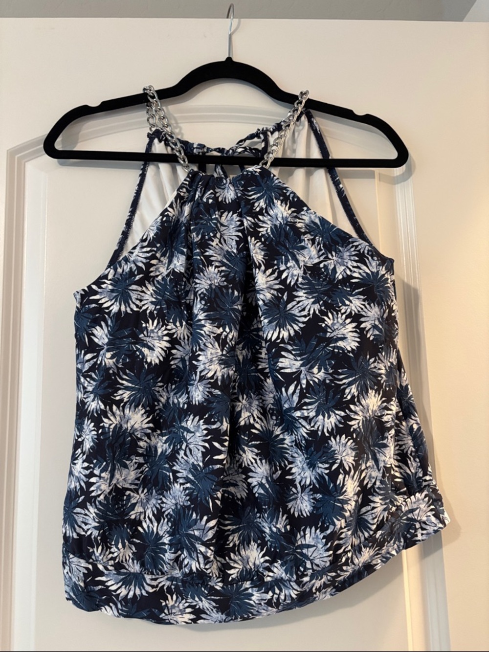 Michael Kors Navy and White Floral Halter Swimsuit top with Chain Straps Size L